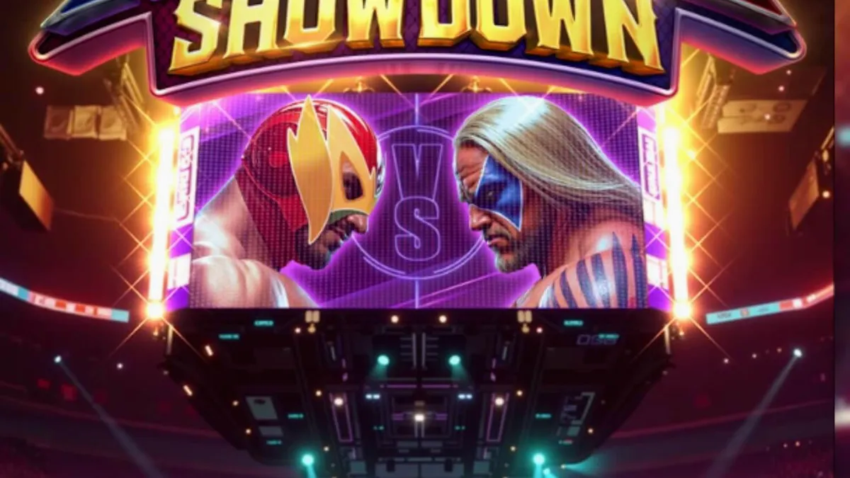 Tampilan visual ring gulat dalam slot Reel Royale Showdown