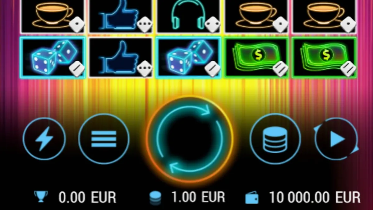 Tampilan layar permainan slot Dopamine Rush Dice dengan tema neon cyberpunk.