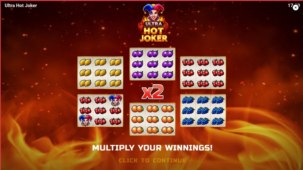 Tampilan visual slot Ultra Hot Joker dengan simbol buah dan Joker yang ikonik