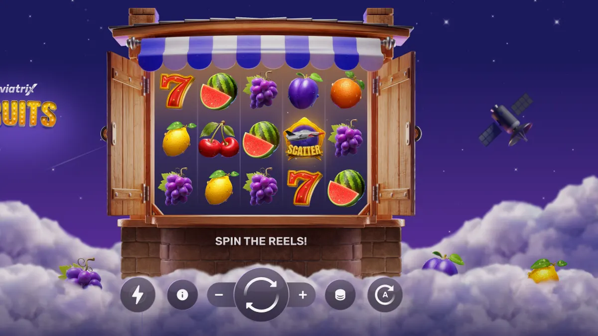 Tampilan visual slot Aviatrix Fruits dengan tema pesawat dan buah klasik