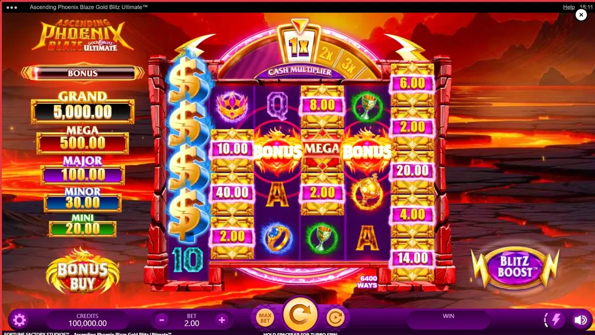 Visual utama dari slot Ascending Phoenix Blaze Gold Blitz Ultimate dengan latar belakang api dan simbol emas.